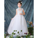 Fashionable Beaded Appliques Mandarin Collar Floor Length Tulle White Flower Girl Dresses with Keyhole Cutout