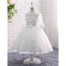 Romantic Beaded Appliques Ball Gown Tea Length White Tulle Flower Girl Dresses with 3/4 Long Sleeves