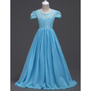 Affordable A-Line Floor Length Chiffon Lace Summer Flower Girl Dress with Short Cap Sleeves
