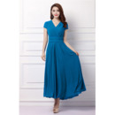 Affordable Flowing V-Neck Tea Length Pleated Chiffon Mother Dresses with Short Sleeves