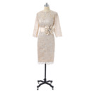 Tailored Column Knee Length Lace Mother Dress with 3/4 Long Sleeves with Belt Bowknot