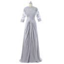 Affordable Beaded Appliques V-back Long Chiffon Mother Dresses with 3/4 Long Illusion Sleeves and Ruching