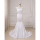Delicate Lace Appliques Satin Wedding Dresses with Slight Cap Sleeves