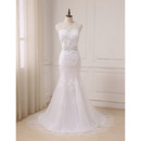 Discount Sequined Appliques Illusion Neckline Tulle Wedding Dress with Sexy V-back