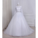 Ball Gown Illusion Neckline Organza Wedding Dresses with Long Lace Sleeves