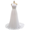 Custom One Shoulder Pleated Chiffon Wedding Dresses with Crystal Beaded Waist