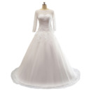 A-Line Tull Over Satin Wedding Dresses with 3/4 Length Sleeves