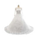 Custom A-Line Appliques Tulle Over Satin Wedding Dress with Long Sleeves