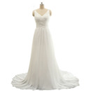 Ethereal V-Neck Long Train Chiffon Beach Wedding Dresses with Ruched Bodice