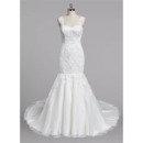 Classy Beaded Appliques Tulle Wedding Dresses with Trumpet Skirt