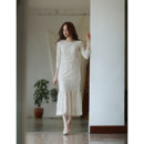 Elegant Tea Length Lace Reception Wedding Dress with 3/4 Long Sleeves