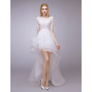 Attractive Beaded Appliques High-Low Tulle Wedding Dresses with Short Sleeves