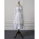 Illusion Neckline Tea Length Lace Over Satin Wedding Dresses with Long Sleeves