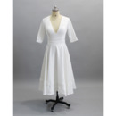 Simple Deep V-Neck Tea Length Satin Wedding Dresses with Half Sleeves