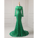 Elegant Simple Long Sleeves Mermaid Full Length Lace Evening Dresses with Godet Hem