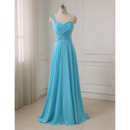 Affordable Rhinestone One Shoulder Full Length Chiffon Blue Evening/ Prom Dresses with Ruched Bodice