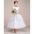 Perfect Ankle-length Lace Cap Sleeves Tulle First Communion Dresses with Layered Draped High-Low Skirt