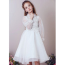 Lovely Pouf Neckline Knee Length Organza Flower Girl Dresses with Long Sleeves