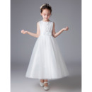 Simple Pretty A-Line Ankle Length White Lace Tulle Flower Girl/ First Communion Dresses