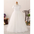 Lovely A-Line Bateau Neck Lace Bodice Flower Girl/ First Communion Dresses with Short Sleeves
