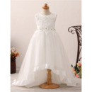 Romantic Appliques Crystal Asymmetrical Hem Flower Girl Dresses for Wedding with Flower Waistband