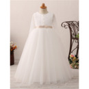 Cute Ball Gown Lace Bodice Plus Size Flower Girl Communion Dress with Long Sleeves