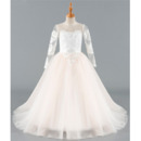 Custom Ball Gown Full Length Appliques Tulle Flower Girl Dresses with Long Illusion Sleeves
