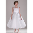 Pretty Ball Gown Tea Length Satin Organza Flower Girl Dress with Bow/ Custom First Communion Plus Size Dresses