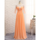 Inexpensive Appliques Pleated bodice Full Length Chiffon Prom/ Formal Dresses with 3/4 Long Sleeves for Women