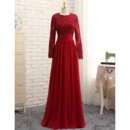 Junoesque Appliques Long Chiffon Satin Formal Prom Dresses with Long Sleeves for Women