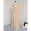Gorgeous Crystal Bodice V-Neck Long Lace Chiffon Prom Dresses with 3/4 Long Sleeves for Women