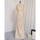 Luxury Beaded Appliques Sheath Floor Length Lace Prom/ Formal Dresses with Long Sleeves for Women