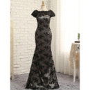 Elegant Mermaid Floor Length Lace Black Prom/ Formal Dresses for Women with Cap Sleeves