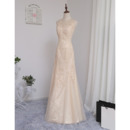 Discount Sleeveless Long Appliques Tulle Prom Party Dresses for Women with Dramatic Illusion Back