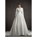 Vintage A-Line Deep V-Neck Satin Wedding Dresses with Long Bishop Sleeves