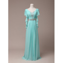 Crystal Beaded Waist Pleated Chiffon Evening Dress with Ruffled Flutter Sleeves