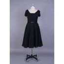 Vintage Knee Length Navy Blue Chiffon Mother Bride Dress with Short Sleeves