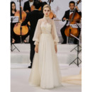Dramatic Ruffled High Neckline Tulle Wedding Dress with Bishop Sleeves and Illusion Back