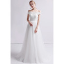 Classy A-Line Off-the-shoulder Full Length Tulle Wedding Dresses with Lace Bodice