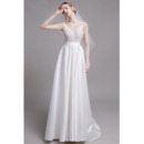 Glamorous Open Illusion Back Long Length Satin Bridal Dresses with Appliques Tulle Bodice