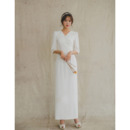 Simple Column Ankle Length Satin Bridal Dresses with Buttons and Half Sleeves
