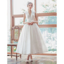 Simple Ball Gown Deep V-Neck Tea Length Satin Wedding Dresses with Back Lace Up Closure