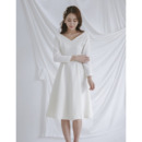 Simple Elegant V-Neck Knee Length Satin Bridal Dresses with 3/4 Long Sleeves
