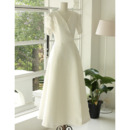 Elegance V-Neck Tea Length Satin Bride Gowns with Short Bubble Sleeves and Strappy Back