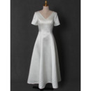 Vintage Simple V-Neck Tea Length Satin Bridal Dress with Short Sleeves and Keyhole Back