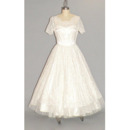 Garden A-Line Square Neck Tea-Length Lace Bridal Dresses with Short Sleeves