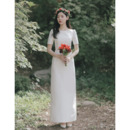 Vintage Simple Ankle-length Bateau Neckline Satin Wedding Dresses with Short Sleeves