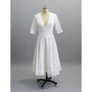 Simple Deep V-neckline Tea-Length Satin Bridal Dresses with Half Sleeves