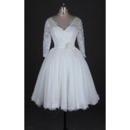 Affordable V-Neck Knee Length Reception Wedding Dresses with 3/4 Long Sleeves