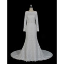 Plunging V-back Beaded Waistband Court Train Lace Wedding Dresses with Long Sleeves